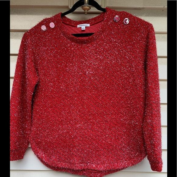 JohnPaulRichard red/silver sweater, fluffy, 2 silver buttons on each shoulder, L - Picture 1 of 9